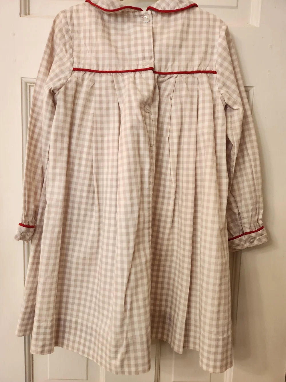 The Oaks Apparel girls taupe/white gingam pleated cotton dress